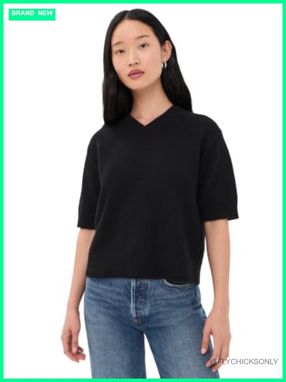 Cashmere Crop V-Neck Sweater Tee Short Sleeve Pullover